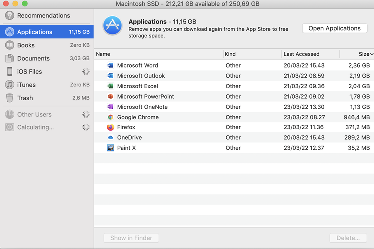 Ilustrasi cara uninstall aplikasi di Macbook lewat pengaturan storage.