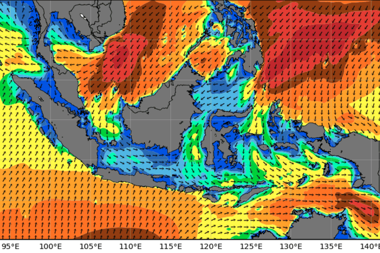 GELOMBANG TINGGI: Peta prakiraan gelombang tinggi di wilayah perairan di Indonesia.