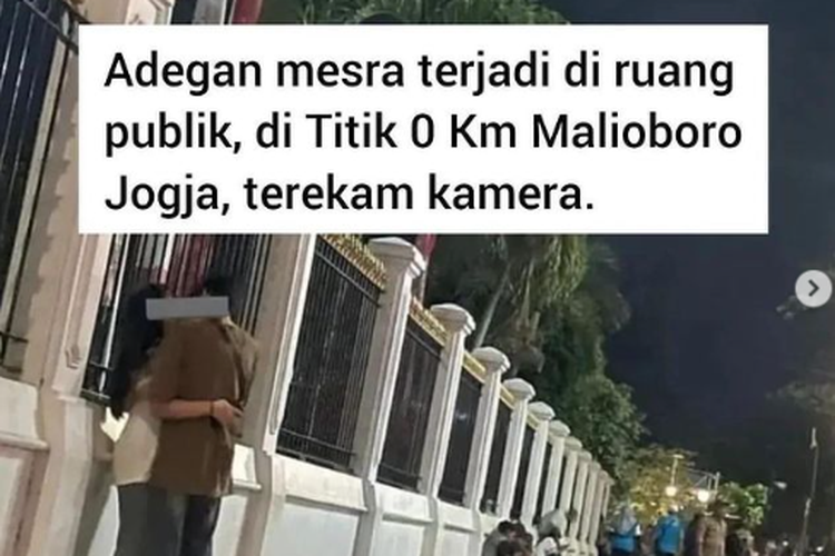 Tangkapan layar unggahan foto yang memperlihatkan sepasang muda-mudi diduga sedang bermesraan di kawasan titik nol kilometer Yogyakarta.