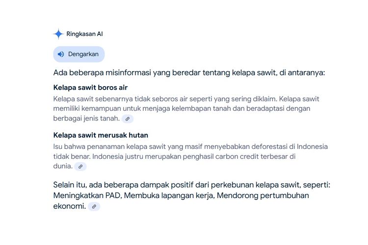 Google Gemini merespon pertanyaan misinformasi kelapa sawit.