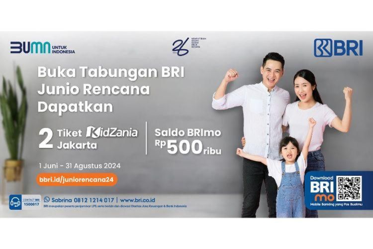 BRI menghadirkan program rewards berhadiah dua tiket KidZania Jakarta atau saldo BRImo senilai Rp 500.000 bagi nasabah yang membuka Tabungan BRI Junio Rencana. 