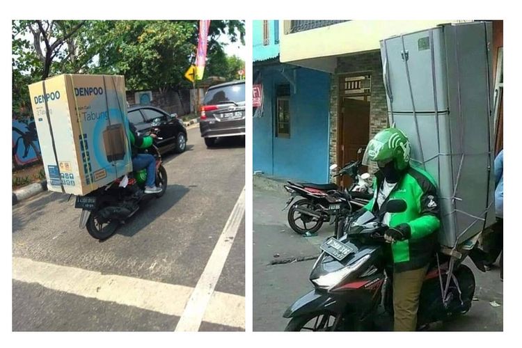 Foto-foto driver GoJek mengangkut muatan besar seperti mesin cuci atau kulkas.