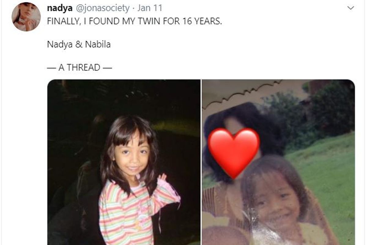 Nadya dan Nabila, kembar yang terpisah 16 tahun ini tak sengaja bertemu di media sosial. Kisah mereka pun mengharukan warganet. Saat ini, Nadya dan Nabila sedang mencari saudara kembar mereka yang ketiga.