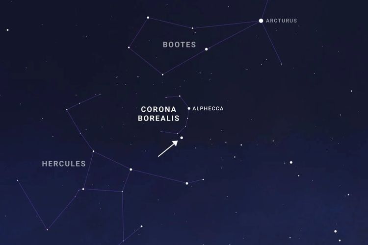 Bagan langit yang menunjukkan konstelasi Corona Borealis dengan lokasi di mana nova ?T CrB? diperkirakan akan muncul. Tampilan tersebut menggambarkan konstelasi tempat nova terjadi, ditunjukkan dengan tanda panah. 