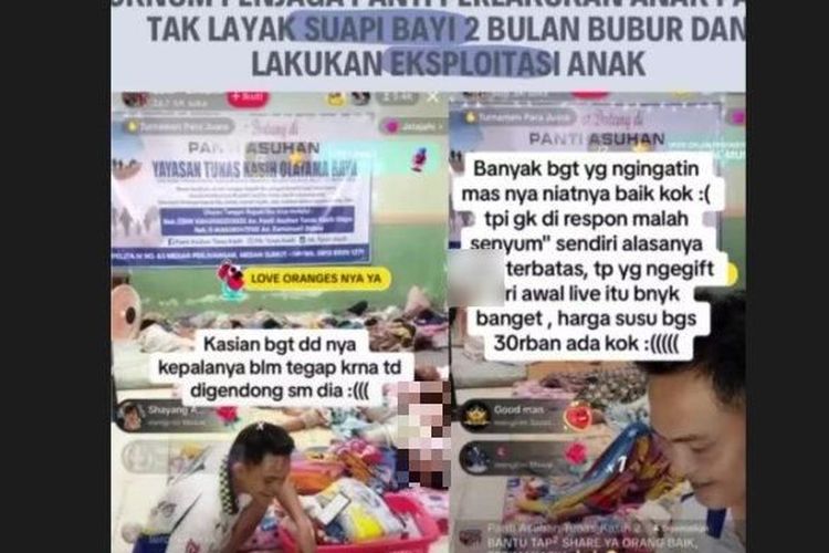 Rekaman penjaga Panti Asuhan Tunas Kasih Olayama Raya Medan saat menyuapi anak bayi dua bulan dengan bubur viral di sosial media, Selasa (19/9/2023).