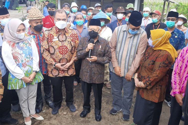 Wakil Presiden Ma'ruf Amin memberikan keterangan pers usai mengunjungi peternakan Kelompok Tani Ternak Reyan Baru di Lombok Barat, Nusa Tenggara Barat (NTB), Kamis (30/6/2022) siang. 