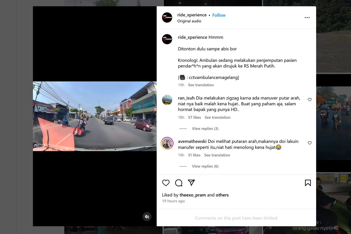 Video viral di media sosial memperlihatkan pengendara sepeda motor besar yaitu Harley-Davidson yang terlihat menghalangi ambulans yang sedang bertugas dan menyalakan sirine.