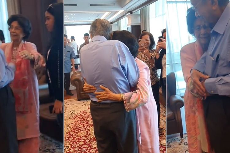 Inilah momen manis ketika mantan Perdana Menteri Malaysia, Mahathir Mohamad, mendapatkan pelukan dari sang istri, Siti Hasmah Mohd Ali seusai memberikan konferensi pers, Minggu (1/3/2020).