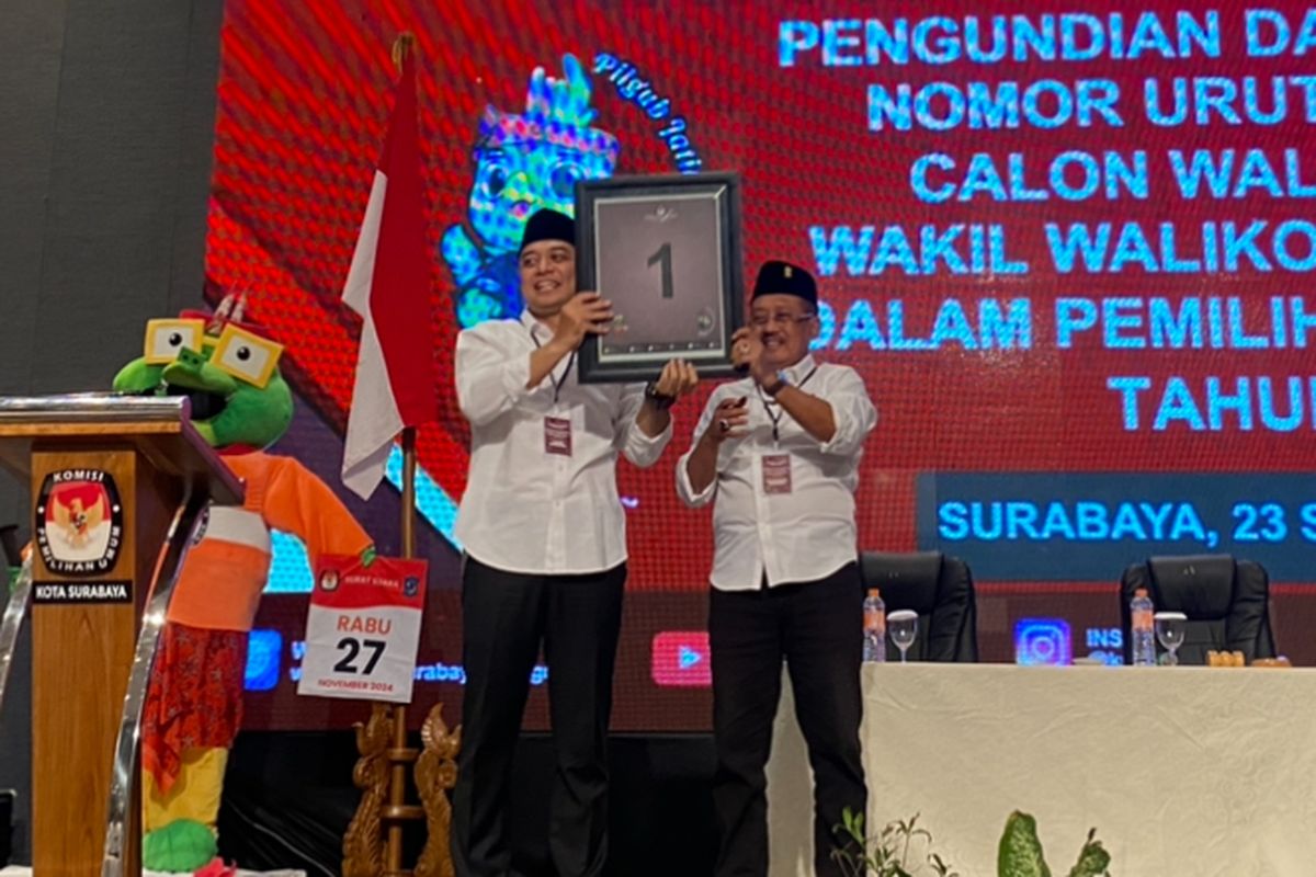 Pasangan nomor urut 1 Pilkada Surabaya, Eri Cahyadi-Armuji, Senin (23/9/2024).