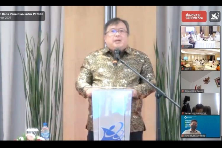 Menristek Bambang Brodjonegoro pada pengumuman Pendanaan Penelitian untuk Perguruan Tinggi Negeri Badan Hukum (PTNBH) Tahun 2021 secara virtual, Selasa (16/2/2021).