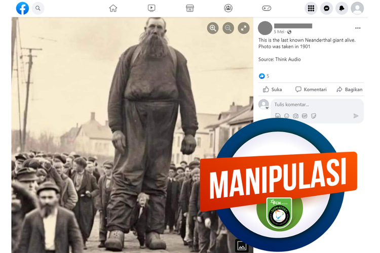Tangkapan layar konten manipulasi di sebuah akun Facebook, 5 Mei 2023, soal foto raksasa Neanderthal terakhir yang dipotret pada 1901.