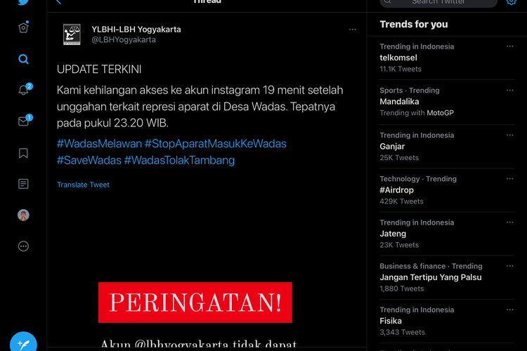 Tangkapan layar twit LBH Yogyakarta yang  menyebutkan akun Instagram @lbhyogyakarta tidak dapat diakses.