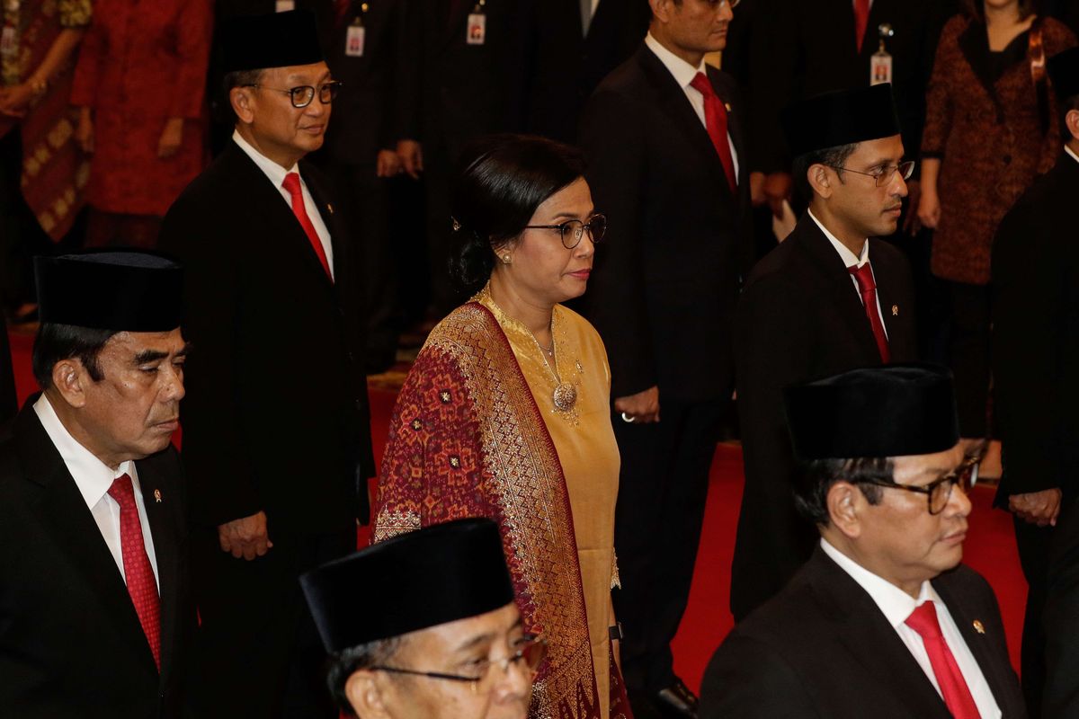 Sri Mulyani saat pelantikan menteri-menteri Kabinet Indonesia Maju di Istana Negara, Jakarta, Rabu (23/10/2019). Presiden RI Joko Widodo mengumumkan dan melantik menteri-menteri Kabinet Indonesia Maju.