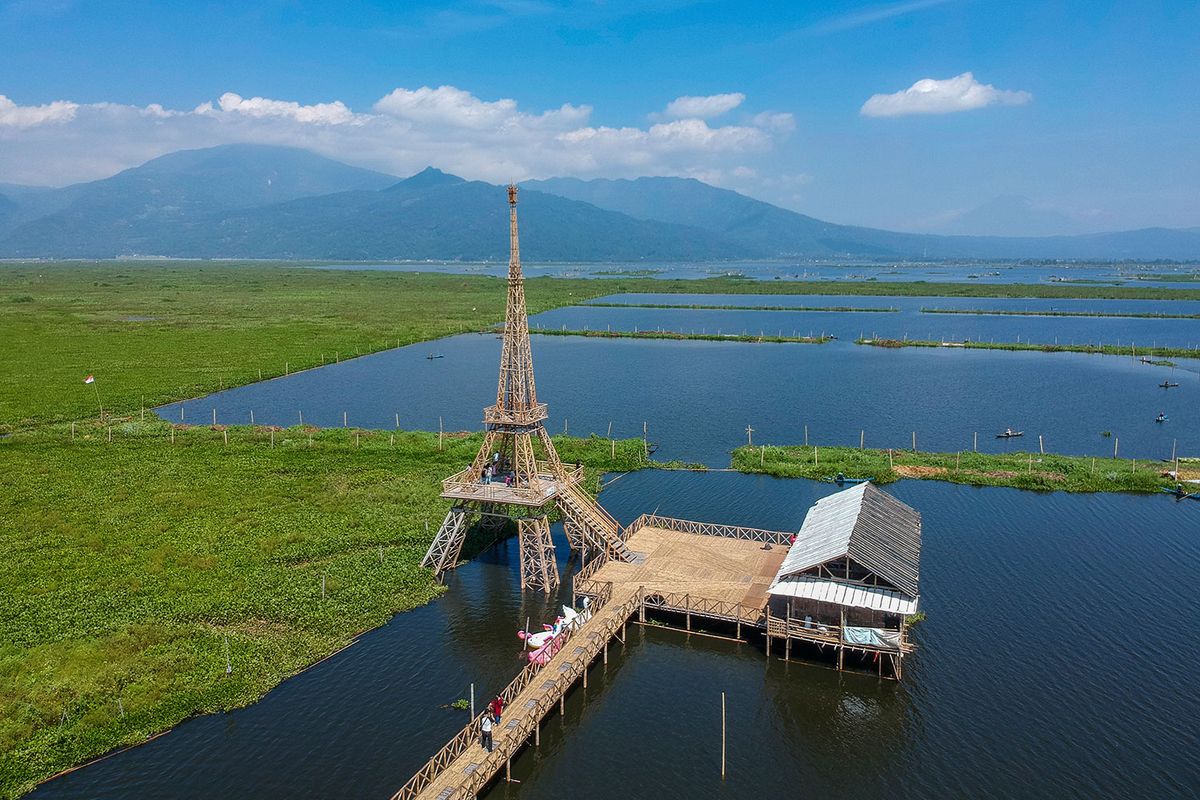 The Indonesian version of Eiffel Tower made of bamboo at Radesa Wisata, Tuntang, Semarang Regency, Central Java.