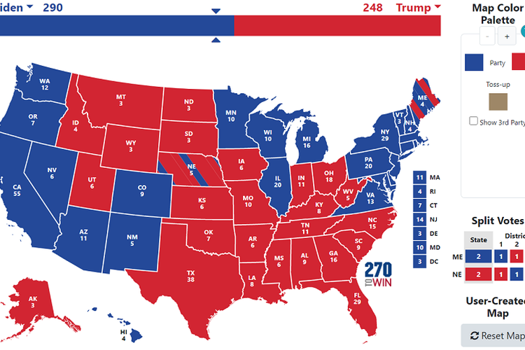 Peta Electoral College Pilpres AS 2020 yang menunjukan skenario kemenangan Joe Biden dengan menyapu swing states Rust Belt yang akan memberikannya 290 electoral votes 