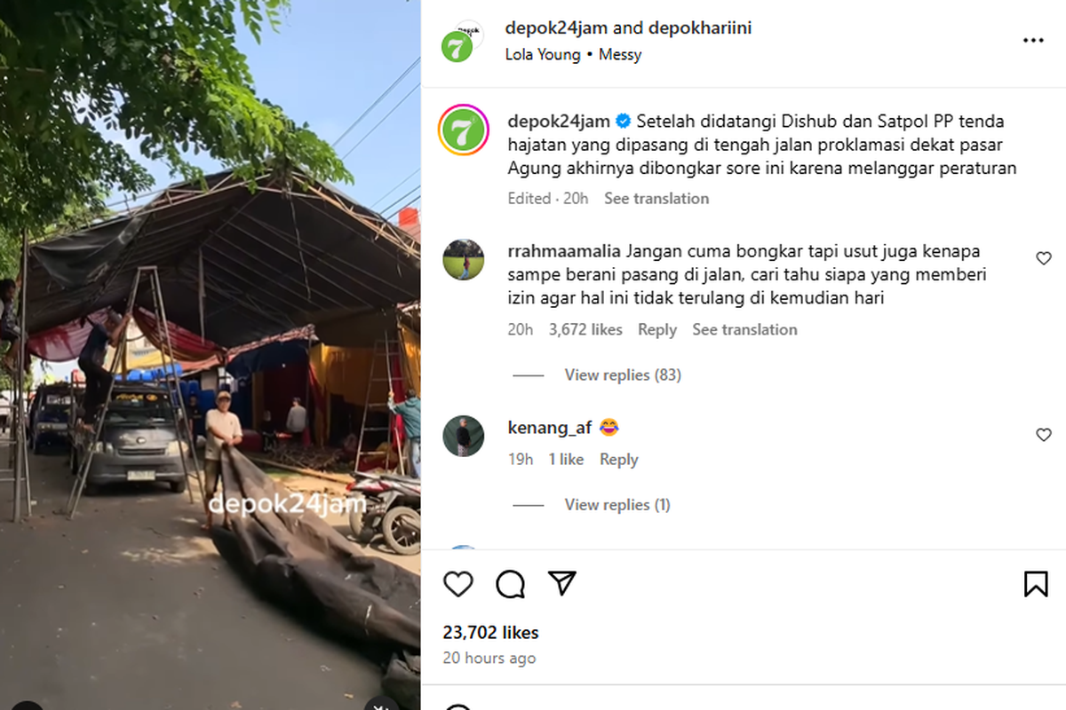 Tenda hajatan di Depok halangi jalan, akhirnya dibongkar setelah didatangi Dishub dan Satpol PP.