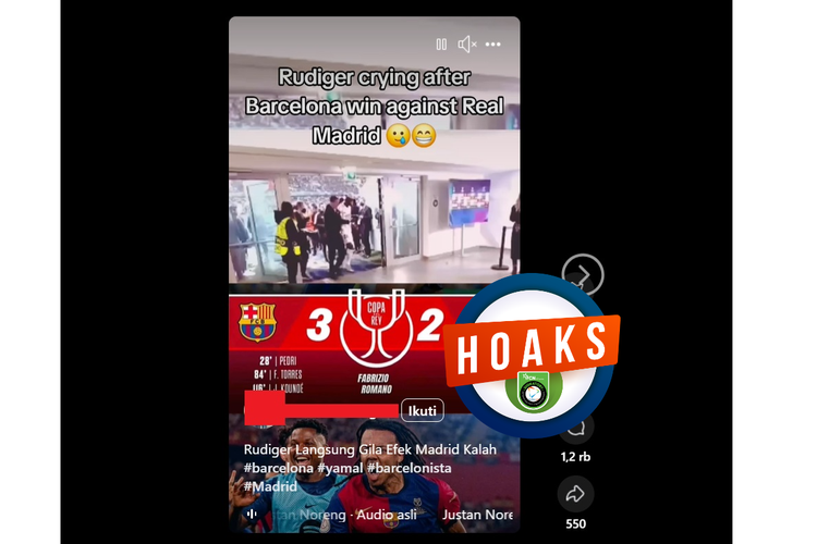 Tangkapan layar Facebook video yang mengeklaim Antonio Rudiger menangis usai Real Madrid kalah dari Barcelona di final Copa del Rey 2024/2025