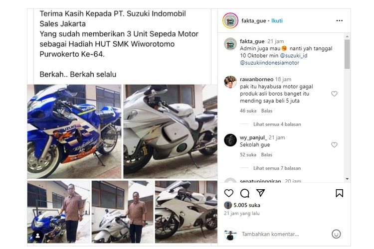 Dilansir dari Instagram @fakta_gue (16/4/2024), PT Suzuki Indomobil Sales (SIS) kabarnya memberikan tiga unit motor sebagai hadiah HUT ke-64 SMK Wiworotomo di Purwokerto, Jawa Tengah.