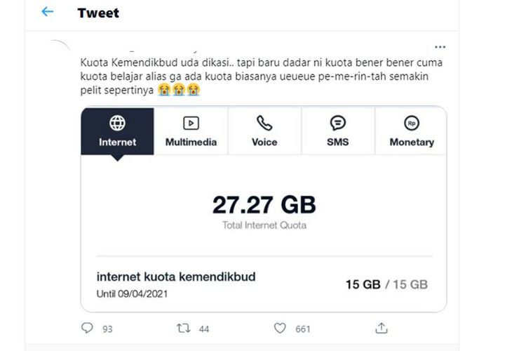 Tangkapan layar twit soal kuota Kemdikbud.