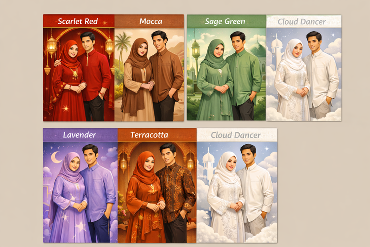 Warna trend Lebaran 2026: Scarlet, Mocca, Sage hingga Cloud Dancer yang Bikin Seragam Keluarga Makin Estetik.