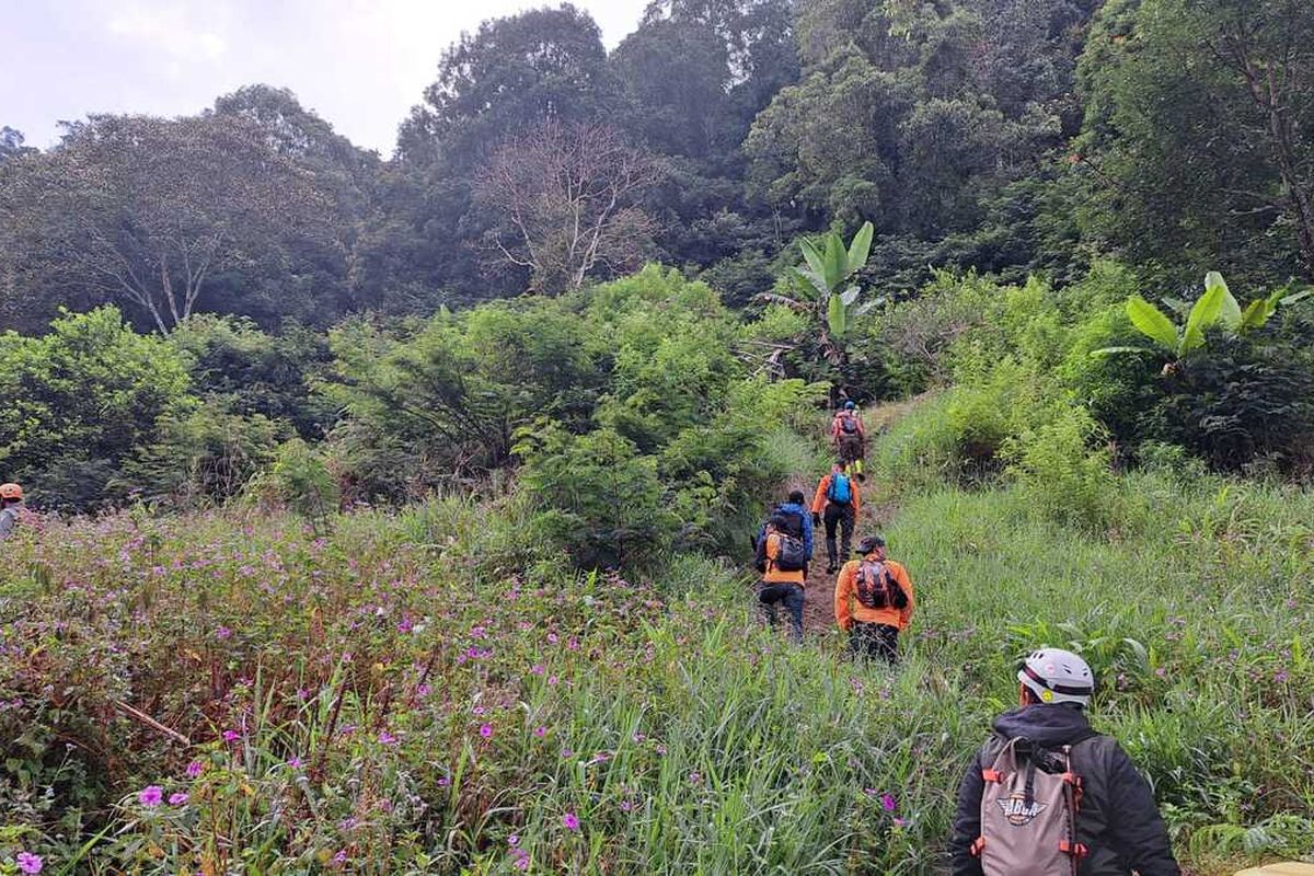 Tim SAR Bandung saat melakukan operasi SAR penyisiran di jalur Lembah Tengkorak, Bukitunggul, Kabupaten Bandung, Jawa Barat, untuk mencari dua orang survivor yang hilang sejak Rabu lalu, Jumat (17/10/2025)