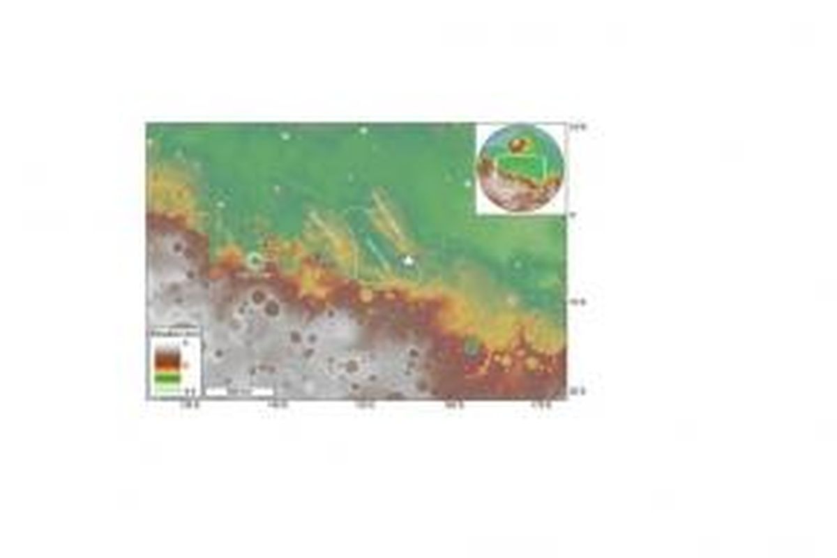 Wilayah yang ditandai adalah Aeolis Dorsa di Mars. Di wilayah tersebut, ilmuwan menemukan struktur inverted channel yang diduga merupakan bagian dari delta yang menjadi petunjuk adanya samudra di Mars.