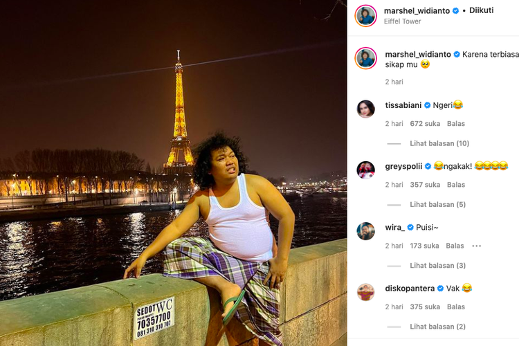 Tangkapan layar instagram Marshel Widoanto yang berfoto dengan latar Menara Eiffel di malam hari, benarkah bisa disanksi hukum?