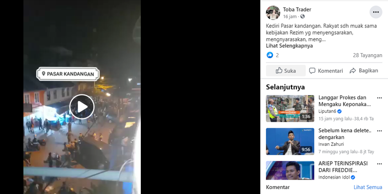 Tangkapan layar unggahan Facebook yang menyebarkan hoaks kericuhan di Pasar Kandangan, Kediri