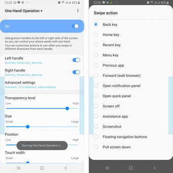 Tampilan aplikasi One Hand Operation Plus, berikut opsi untuk aksi yang akan dilakukan ketika melakukan gestur swipe. 