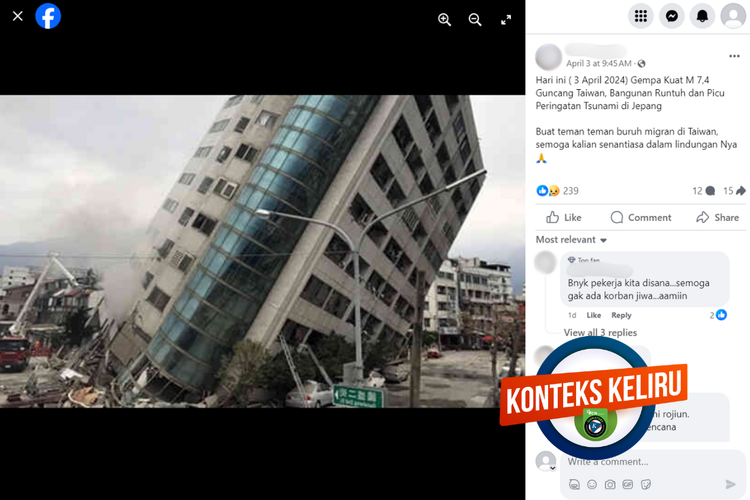 Tangkapan layar konten dengan konteks keliru di sebuah akun Facebook, Rabu (3/3/2024), soal foto gedung miring akibat gempa Taiwan.