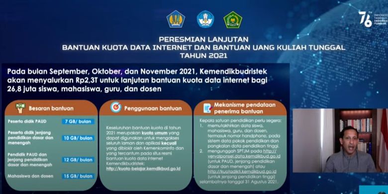 Mendikbud Ristek Nadiem Makarim saat memaparkan rencana bantuan kuota gratis internet periode September hingga November 2021.