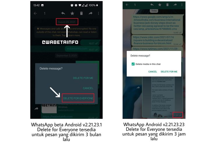 Perbedaan fitur delete for everyone pada pesan di WhatsApp beta (kiri) dan WhatsApp biasa (kanan).