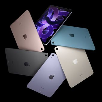 iPad Air 2022 hadir dalam pilhan warna Space Gray, Pink, Purple, Blue, dan Starlight.