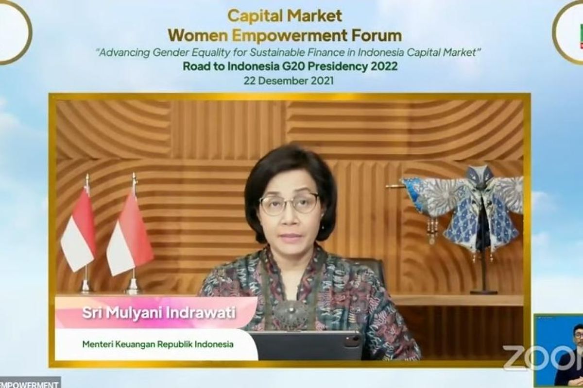 Menteri Keuangan (Menkeu) Sri Mulyani Indrawati dalam acara Capital Market Woman Empowerment Forum, Rabu (22/12/2021).