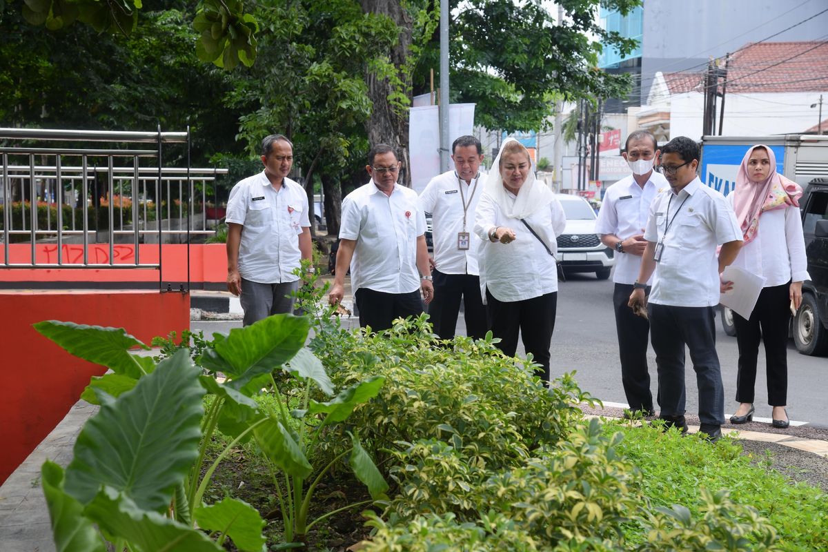 Wali Kota (Walkot) Semarang, Hevearita Gunaryanti Rahayu saat meninjau pedestrian dan taman di Kampung Kali, Rabu (24/1/2024).
