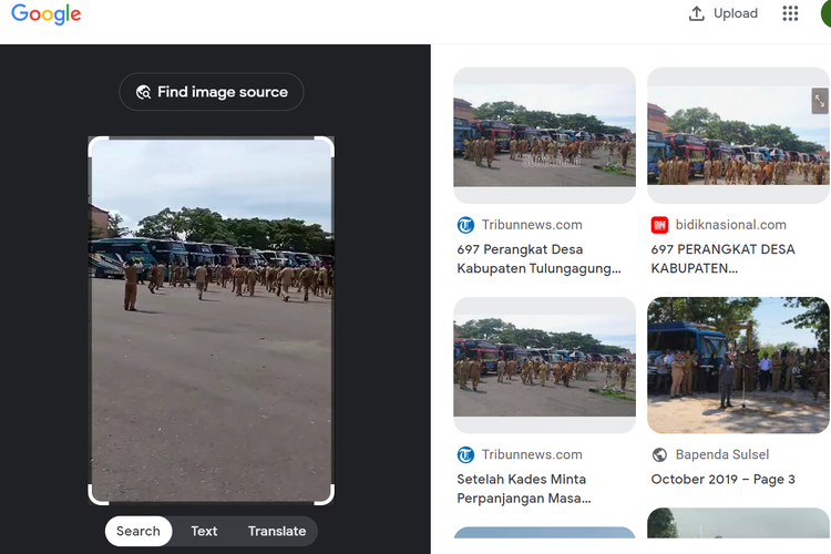Tangkapan layar pencarian gambar di Google Lens, mengarahkan ke pemberitaan Tribunnews, 24 Januari 2023, soal pemberangkatan 697 perangkat desa untuk mengikuti Silaturahmi Nasional Persatuan Perangkat Desa Indonesia (PPDI) di Jakarta.
