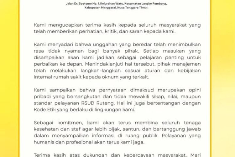 RSUD Ruteng Beri Klarifikasi Usai Viral Dokternya Komentar Nirempati soal Pasien BPJS