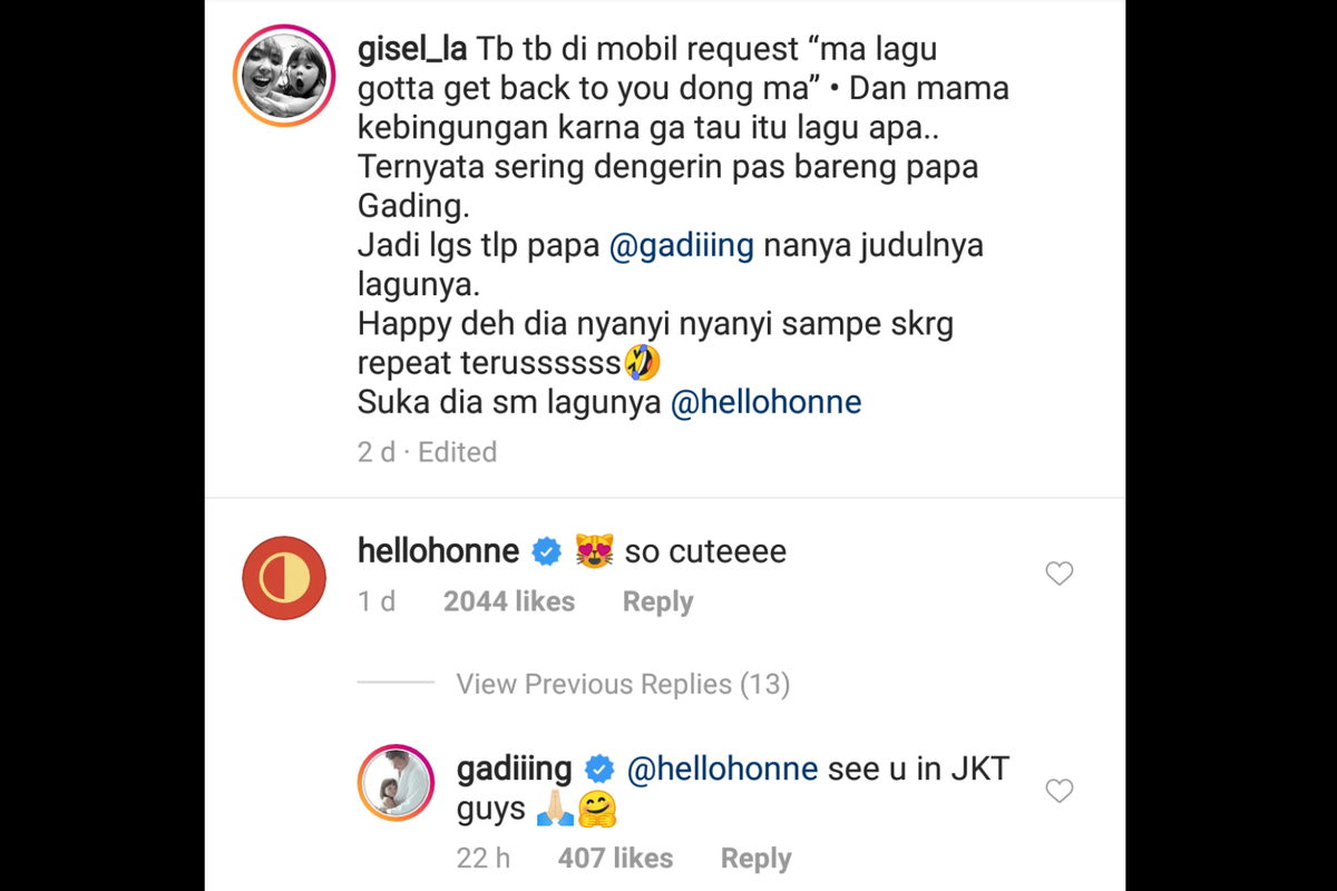 Duo musik elektronik HONNE, melalui akun Instagram @hellohonne memberikan komentar di unggahan video Gempi yang menyanyikan lagu mereka Location Unknown.