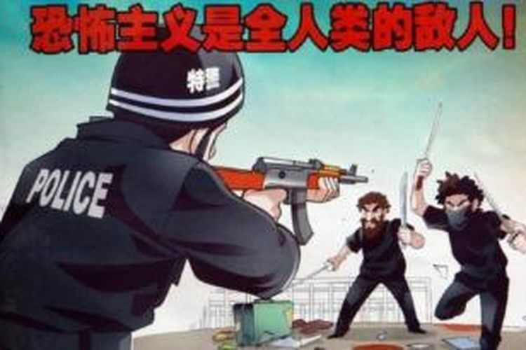 Poster-poster bertema waspada terhadap orang berjenggot seperti ini yang banyak beredar di wilayah selatan China.