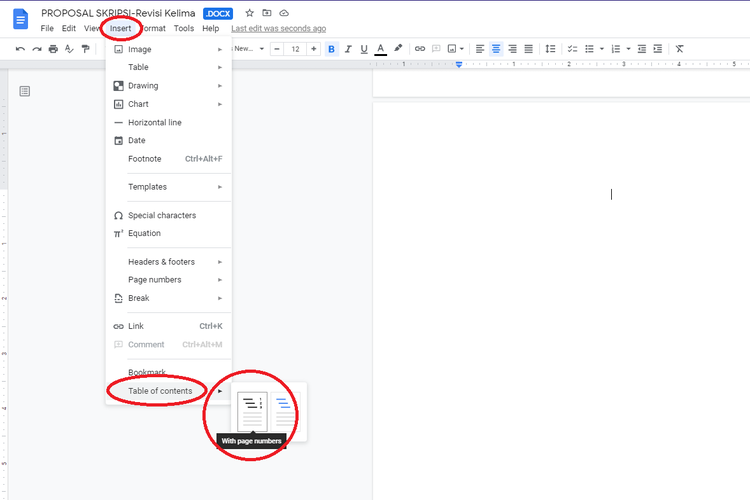 Cara membuat daftar isi di Google Docs.