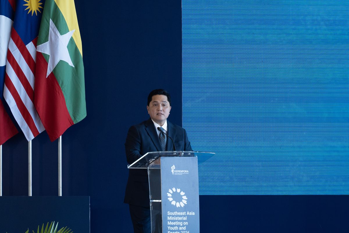 Menteri Pemuda dan Olahraga (Menpora) RI, Erick Thohir saat menyampaikan gagasan tentang transformasi SEA Games dalam SEA Ministerial Meeting on Youth and Sports 2026 di The Meru Hotel, Bali, Senin (4/5/2026).

