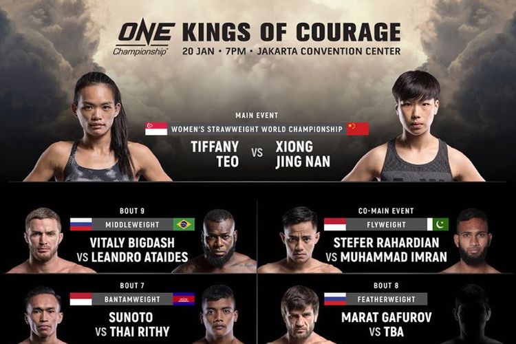 ONE Championship akan menggelar pertarungan bertajuk ONE: Kings Of Courage yang akan dilangsungkan di Indonesia, tepatnya di Jakarta Convention Center (JCC) pada Sabtu (20/1/2018).
