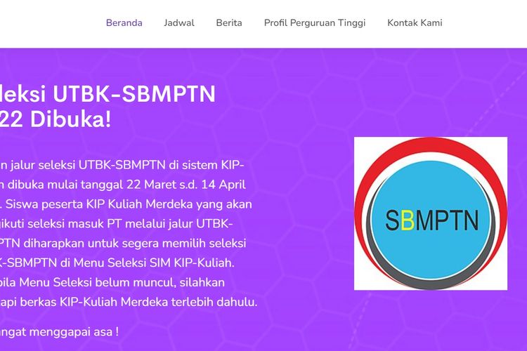 Tangkapan layar KIP Kuliah UTBK-SBMPTN 2022 telah dibuka.