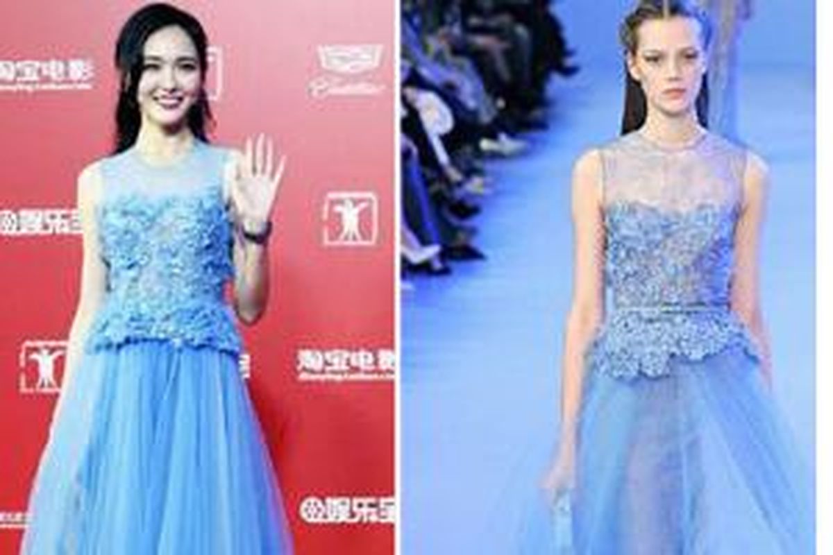 (kiri) Tiffany Tang mengenakan gaun karya Ellie Saab yang ternyata tiruan. (kanan) Gaun asli rancangan Ellie Saab.  