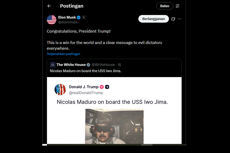 Tangkapan layar posting Elon Musk yang memberikan dukungan kepada Trump setelah penangkapan Presiden Venezuela, Nicolas Maduro dalam operasi militer skala besar, Sabtu (3/1/2026) waktu setempat.