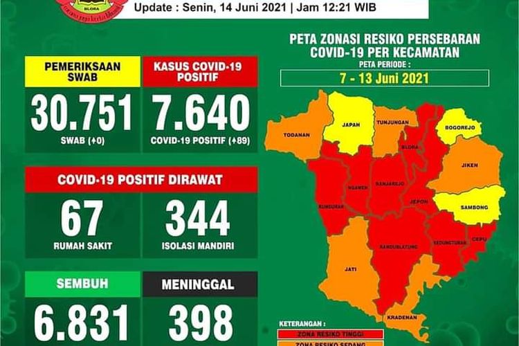 Peta Zonasi Risiko Penyebaran Covid-19 di Kabupaten Blora, Senin (14/6/2021)