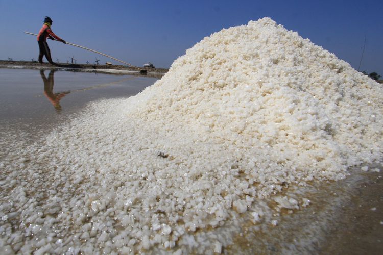 Petani mengumpulkan garam yang baru dipanen di lahan garam Desa Santing, Losarang, Indramayu, Jawa Barat, Senin (31/7). ANTARA FOTO/Dedhez Anggara/17.