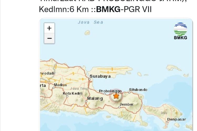 Informasi gempa Probolinggo yang disiarkan akun Twitter BMKG Juanda.