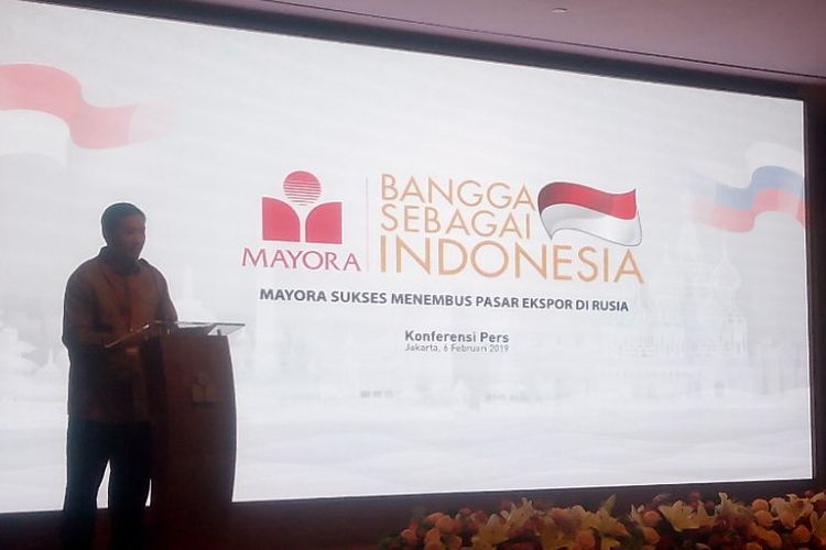 Presiden Direktur PT Mayora Indah Tbk (MYOR), Andre Atmadja memberikan keterangan dalam konferensi pers di Jakarta, Rabu (6/2/2019).