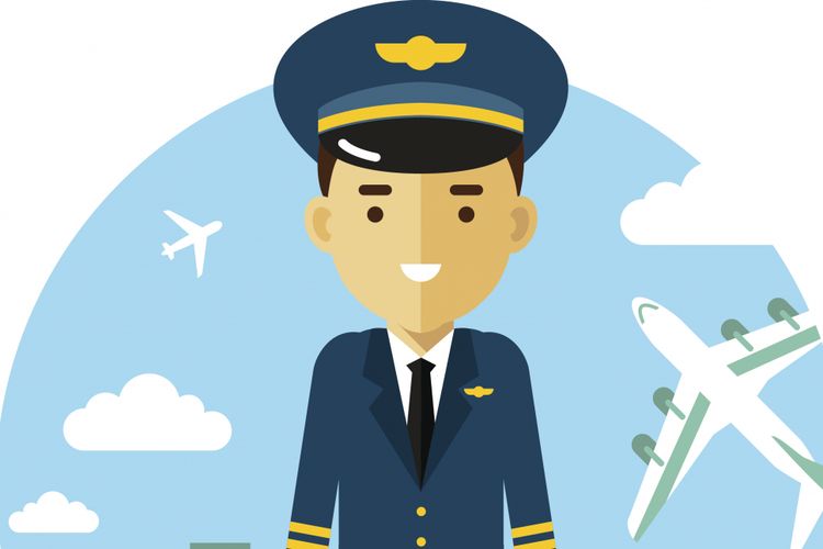Pilot in uniform on airport background with airplanes in flat style